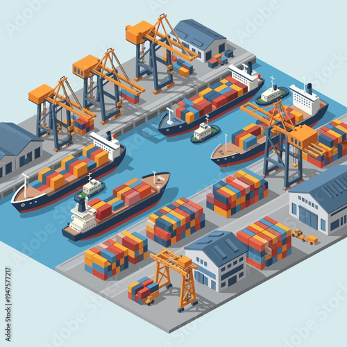 Isometric illustration of a busy port with cargo ships, cranes, and containers, depicting global trade.