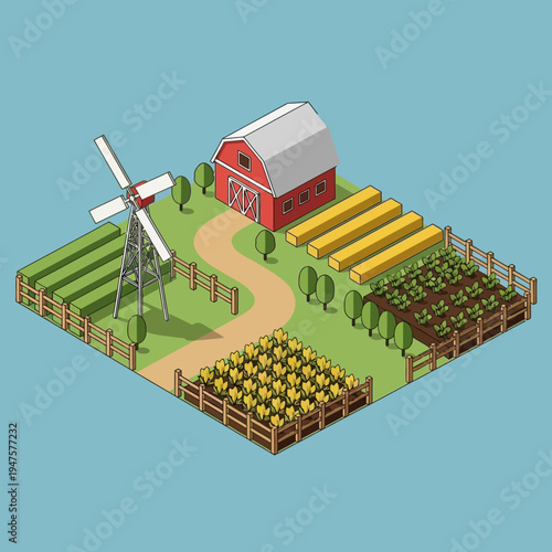 Isometric illustration of a farm scene with a barn, windmill, and various crops.