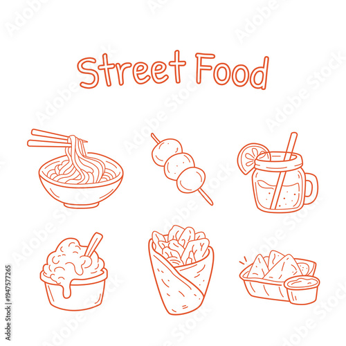 Street Food Doodle Set with Noodles, Skewers, Wrap, Nachos and Drink Line Icons.eps