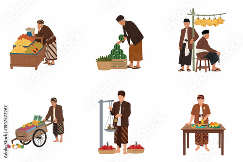 Collection of traditional Javanese men selling tropical fruits in various marketplace scenarios, wearing ethnic attire, isolated on a white background.