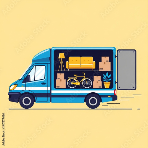 Delivery Truck with Furniture and Bicycle Inside.