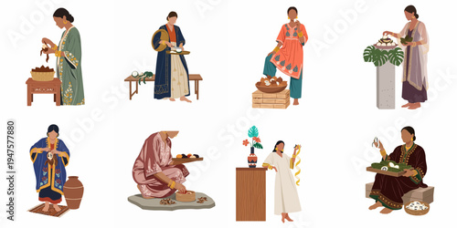 Vector collection of eight minimalist female characters in ethnic clothing engaged in harvesting, preparing food, and household activities.