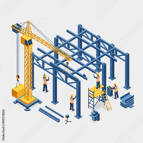 Construction site with crane, workers, and steel beams, building a structure.