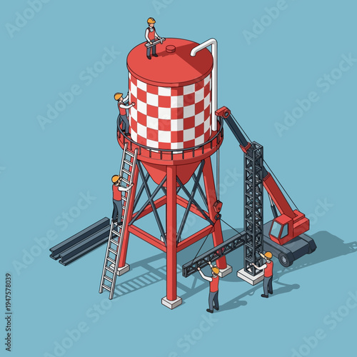 Isometric illustration of construction workers building a red and white water tower.