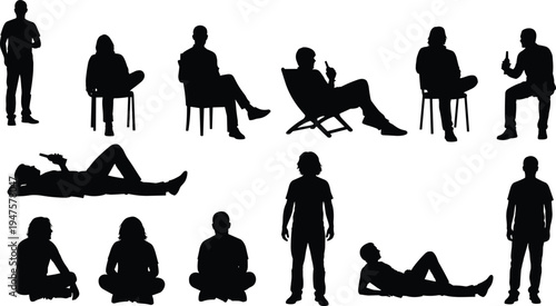 Diverse silhouettes of people relaxing and standing in various poses woman child