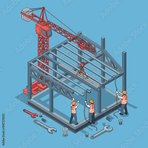 Isometric illustration of construction workers assembling a building frame with a crane.