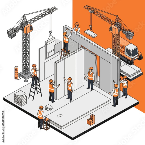 Isometric illustration of construction workers assembling prefabricated building components with cranes.