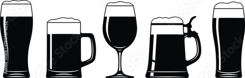 Five Black Silhouettes of Beer Glasses and Mugs Filled with Beer stein