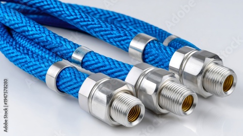 Blue braided hydraulic hose and metal fittings