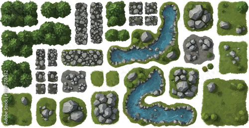 Top-down view of a versatile vector game asset set featuring various green grass tiles, winding blue rivers, lush bushes, and gray rock formations
