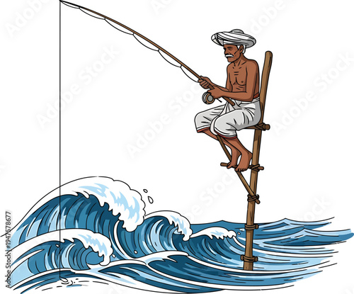 A funny cartoon illustration of a boy and woman fishing in the sea with rods, featuring a character drawing of people enjoying the sport as a fish swings from the vector art symbol