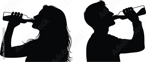 Silhouette Profile Of A Woman And A Man Drinking From Bottles On White Background beverage liquid