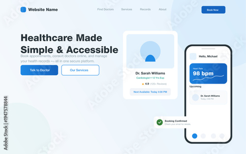 "The visual mood is clean, clinical yet inviting, and highly efficient. Utilizing a soft blue and white color palette with ample white space, the design communicates professional trust and modern 