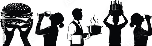 Silhouette of people enjoying food and drinks with a large burger and waiter wine