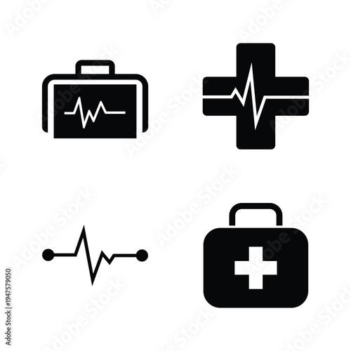 Medical symbols including first aid kit electrocardiogram and cross
