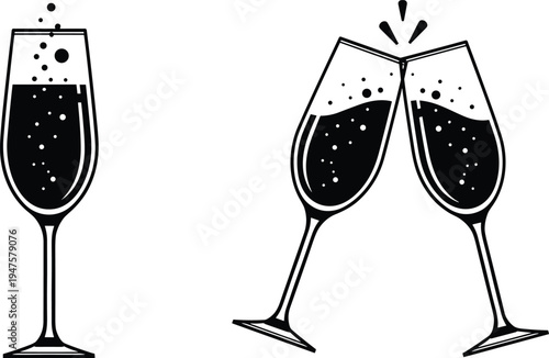 Two champagne glasses clinking together with bubbles and a single glass Keywords: champagne, glasses, clinking, toast