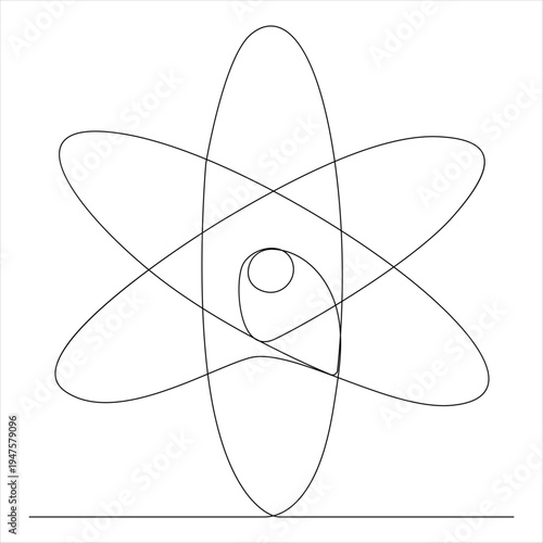 One continuous line drawing atom or proton nucleus sign symbol isolated vector illustration