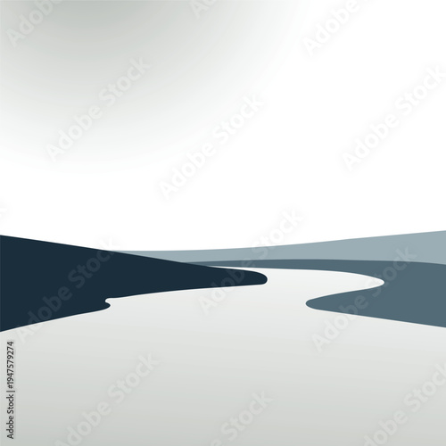 Foto Abstract landscape with river flowing through hills and mountains, simple flat d