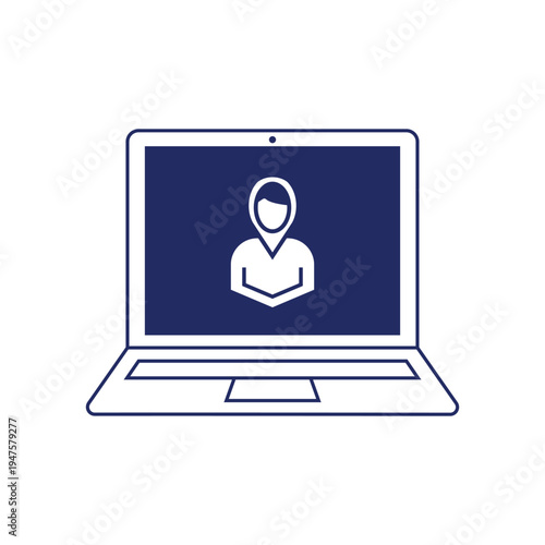 Laptop computer screen shows user profile icon, online person, digital identity, modern technology concept