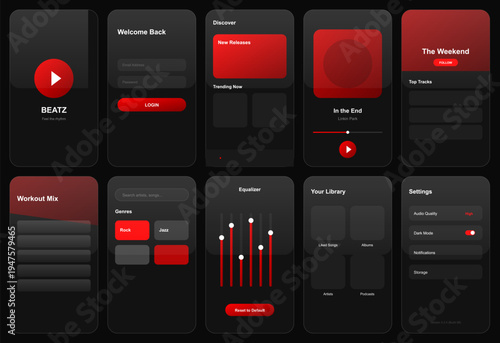 "The visual mood is sleek, high-contrast, and energetic. Utilizing a deep charcoal dark mode background punctuated by vibrant electric red accents, the interface feels both premium and high-intensity.