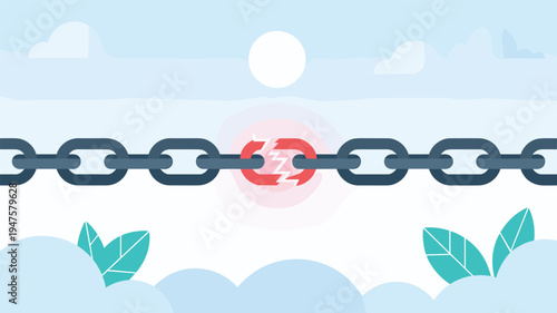 Broken chain link concept symbolizing freedom strength independence and breaking limitations flat vector illustration with sky clouds and nature background