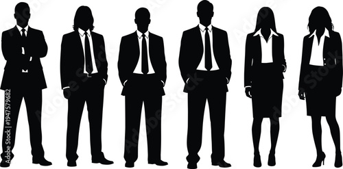 Silhouettes of male and female business professionals in formal attire, symbolizing teamwork, leadership, corporate unity, professionalism, success, and career growth