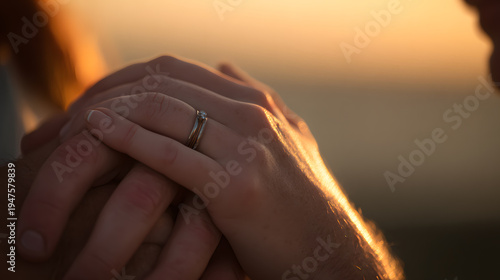 A close-up intimate photograph of a couple's hands intertwined, showcasing a ring on one finger, bathed in the warm glow of a sunset. Love and commitment concept