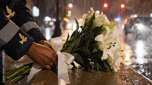 Person Placing White Lily Bouquet on Wet Ledge in Rainy City Night