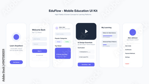 "A clean, professional high-fidelity UI kit for a mobile education application named EduFlow. The design features a cohesive palette of royal blue and soft lavender against a minimalist white backgrou