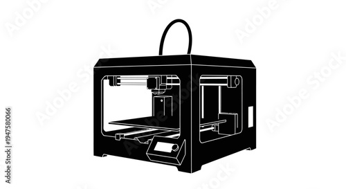 Black 3D printer machine closeup view.