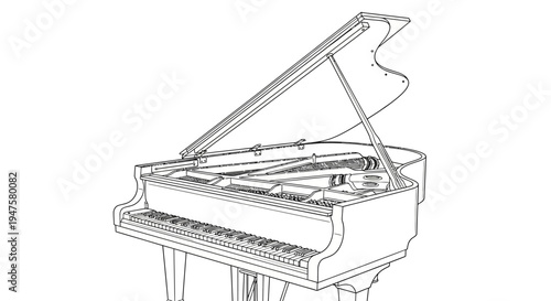 Detailed line drawing of a grand piano with lid open.