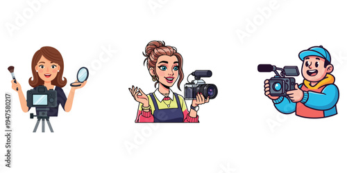 Set of three cartoon illustrations of women with makeup and cameras, and a boy with a camera