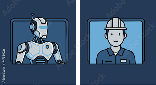 A robot and a construction worker are displayed side by side in a digital illustration