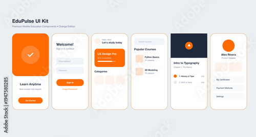 "This UI Kit radiates a vibrant and energetic mood through its bold use of high-saturation orange and clean, airy white spaces. The visual language is modern and approachable, utilizing soft rounded 