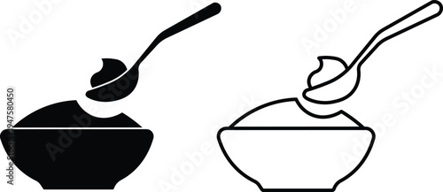 Black and white icons of a spoon scooping creamy food from a bowl, representing a meal or dessert.