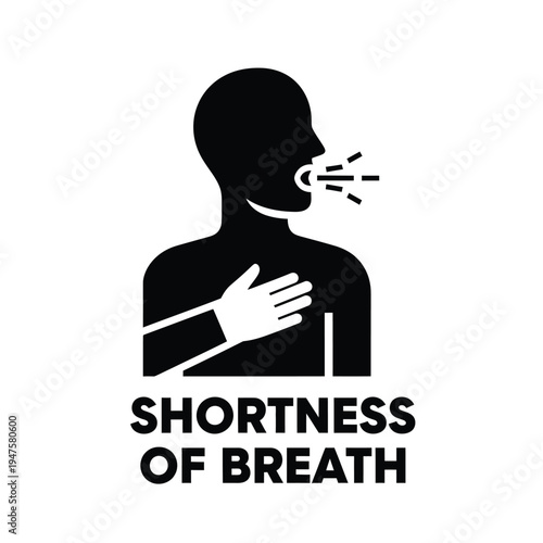 A stark black silhouette depicts a person experiencing shortness of breath clutching their chest while exhaling with text below high quality professional detailed modern