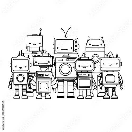 Whimsical collection of unique hand drawn cartoon robots with friendly faces and various appliance inspired designs standing together in a playful stylized group showcasing