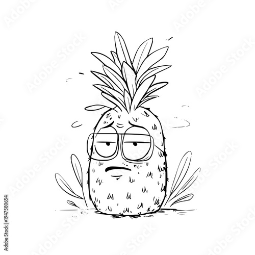 Whimsical cartoon pineapple character with a bored tired expression wearing glasses depicted in a black and white line art illustration style conveying a sense of mild exhaustion