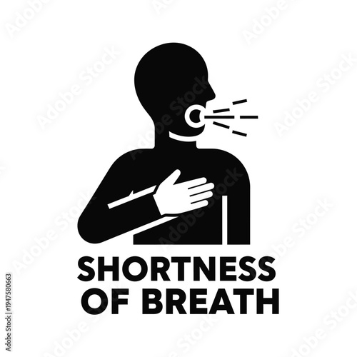 A stark black silhouette depicts a person clutching their chest while exhaling accompanied by text indicating shortness of breath high quality professional detailed modern