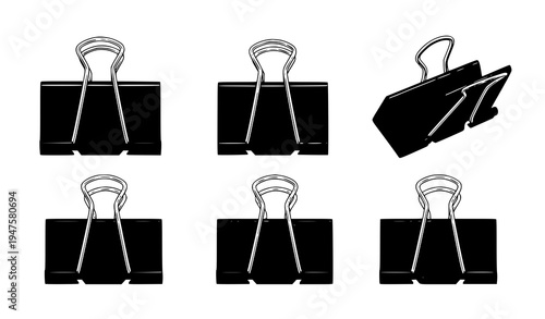Black binder clip set isolated office stationery tool for holding paper documents vector illustration