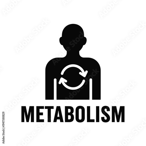 A stark black silhouette of a human figure showcases a circular arrow symbol positioned over the chest accompanied by the text metabolism high quality