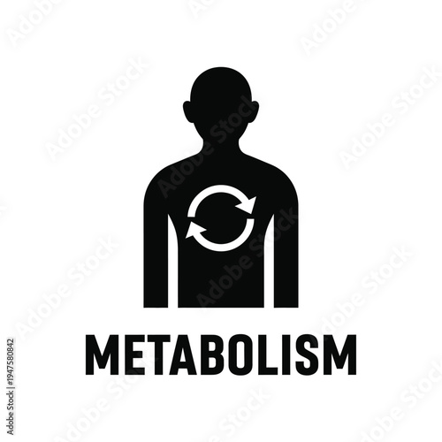 A simple black silhouette of a human figure with a circular recycling arrow overlaying the chest area labeled metabolism high quality professional detailed modern