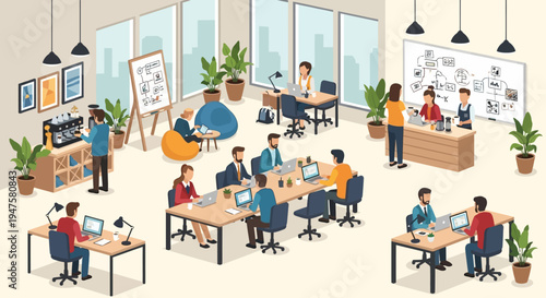 Diverse professionals collaborating in modern open office space.