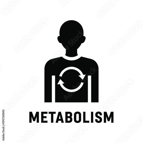 A stark black silhouette of a person s torso and head features a circular arrow symbol representing the concept of metabolism high quality professional detailed