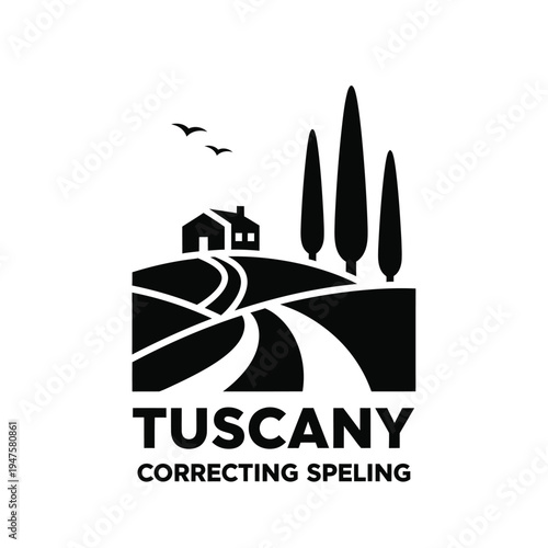 A striking black and white graphic depicts a toscan landscape featuring cypress trees a small house rolling hills and birds high quality professional detailed modern elegant