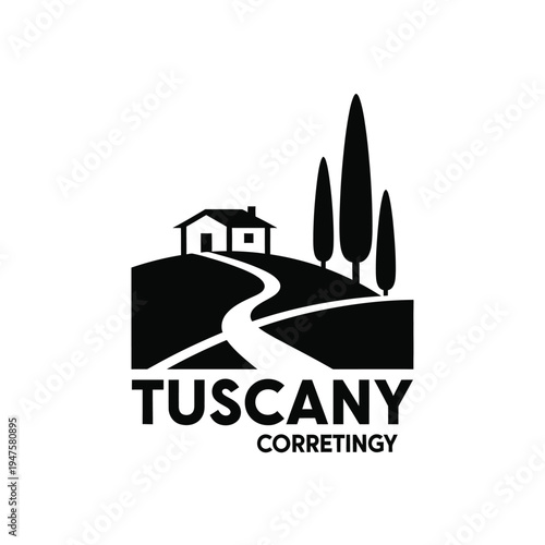 A striking black and white graphic depicts a tuscan landscape with a house cypress trees and winding road high quality professional detailed modern elegant stylish clean