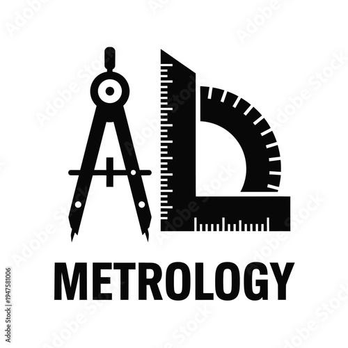 A black and white graphic features a drafting compass combined with a ruler boldly labeled with the word metrology below high quality professional detailed