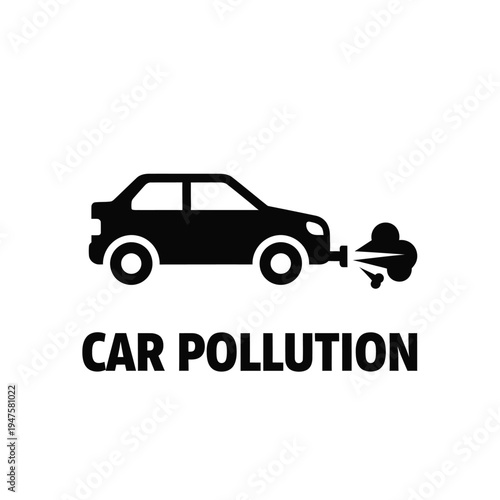 A simplified black silhouette of a car emitting exhaust fumes paired with the text car pollution below it high quality professional detailed modern elegant