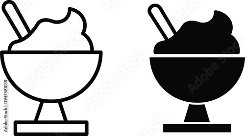 Two simple vector icons depicting a dessert in a bowl with a spoon, one in outline and one in solid black.