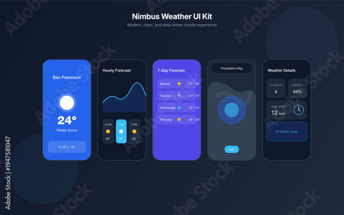 A sleek, professional, and dark-themed interface design that exudes modern sophistication. The deep navy background contrasts beautifully with the vibrant blue and warm yellow accents, creating 
